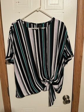 Worthington Black, White & Teal Striped Knot-Front Blouse